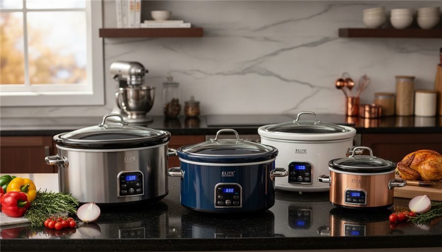 Elite Gourmet slow cooker lineup for kitchen cooking