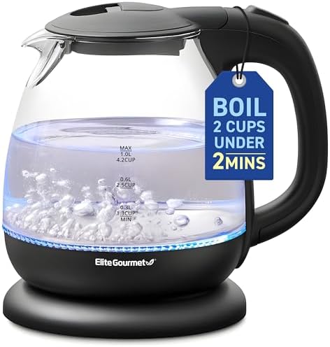 Elite Gourmet EKT1001 Electric 1.0L BPA-Free 1100W Glass Kettle Cordless 360° Base