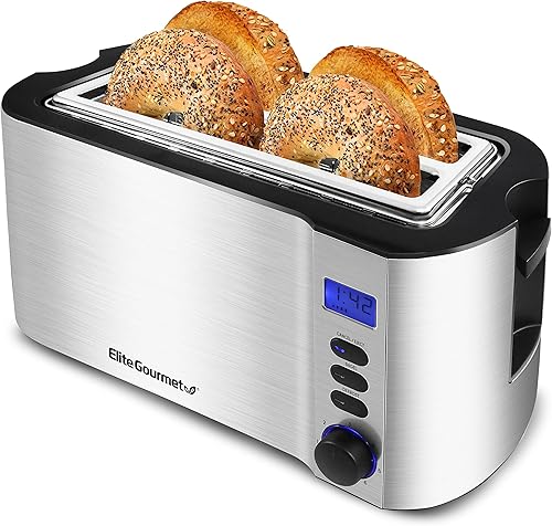 Elite Gourmet ECT4400B# Long Slot 4 Slice Toaster, Countdown Timer, 6 Toast Setting, Defrost