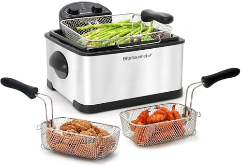 Elite Gourmet EDF-401TXB Electric 4.5 Qt. / 17 Cup Immersion Deep Fryer 3-Baskets, 1700-Watt
