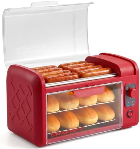 Elite Gourmet 8-Hot Dog Roller/Toaster Oven, 5 Rollers, Auto Shut-Off, Red