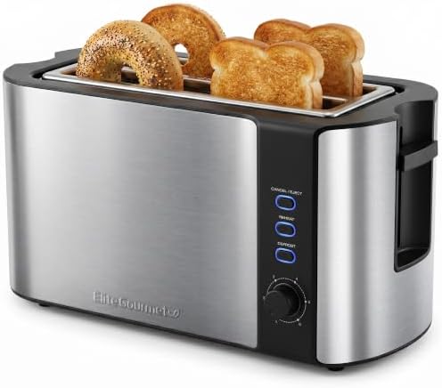 Elite Gourmet 4-Slice Long Slot Toaster, Extra-Wide Slots, 6 Browning