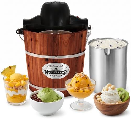 Elite Gourmet EIM418 4Qt Old Fashioned Walnut Wood Bucket Ice Cream Maker