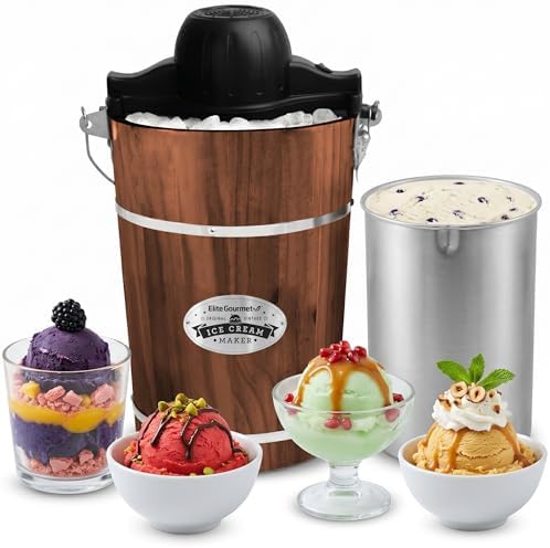 Elite Gourmet EIM949 6Qt Old Fashioned Walnut Wood Bucket Ice Cream Maker