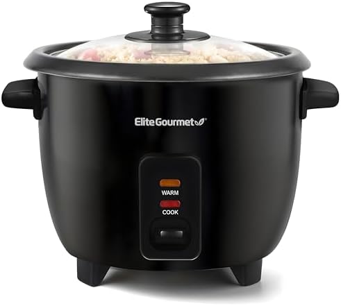 Elite Gourmet Rice Cooker & Steamer, Non-Stick Pot, Black, 6 Cups Cooked